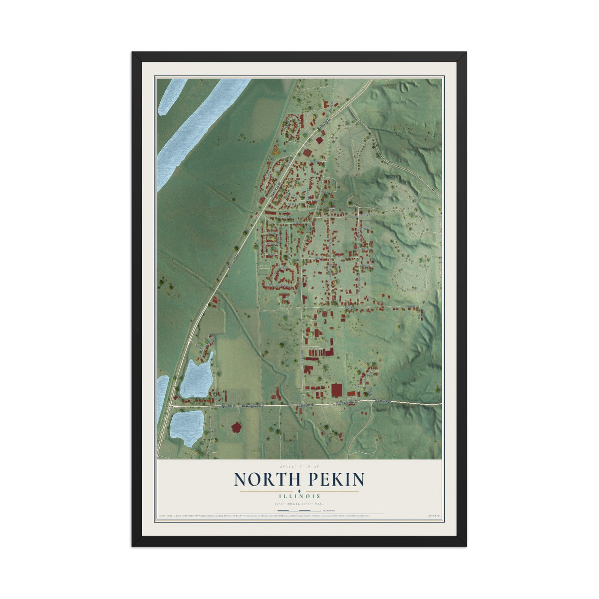 Map of North Pekin, Illinois, 12 x 18 inch print in a black wood frame