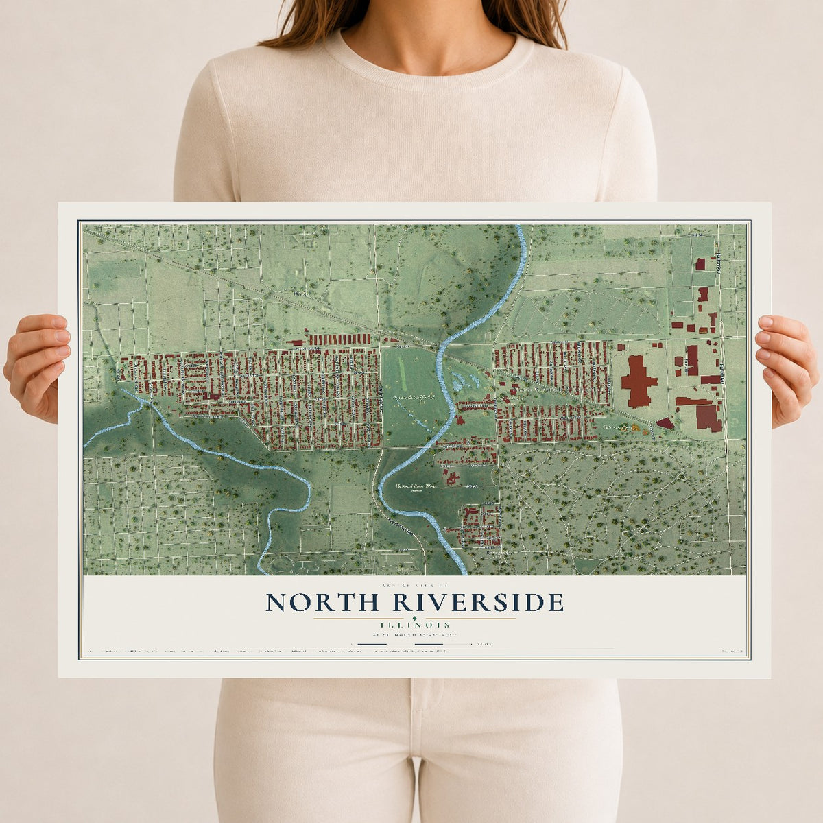 Map of North Riverside, Illinois, 12 x 18 inch unframed archival matte print