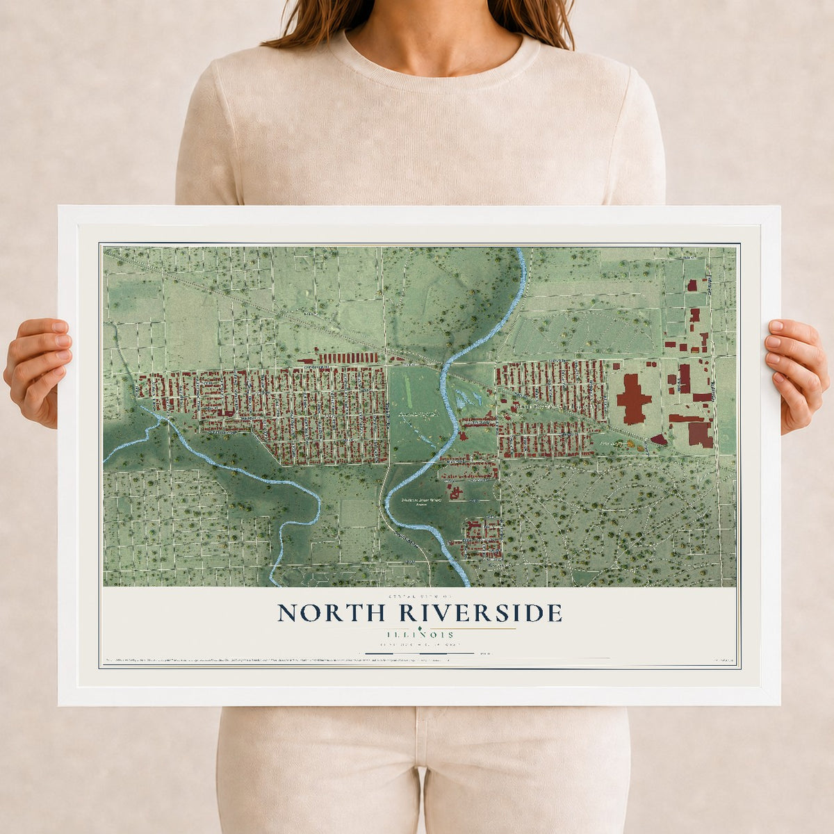 Map of North Riverside, Illinois, 12 x 18 inch print in a white wood frame