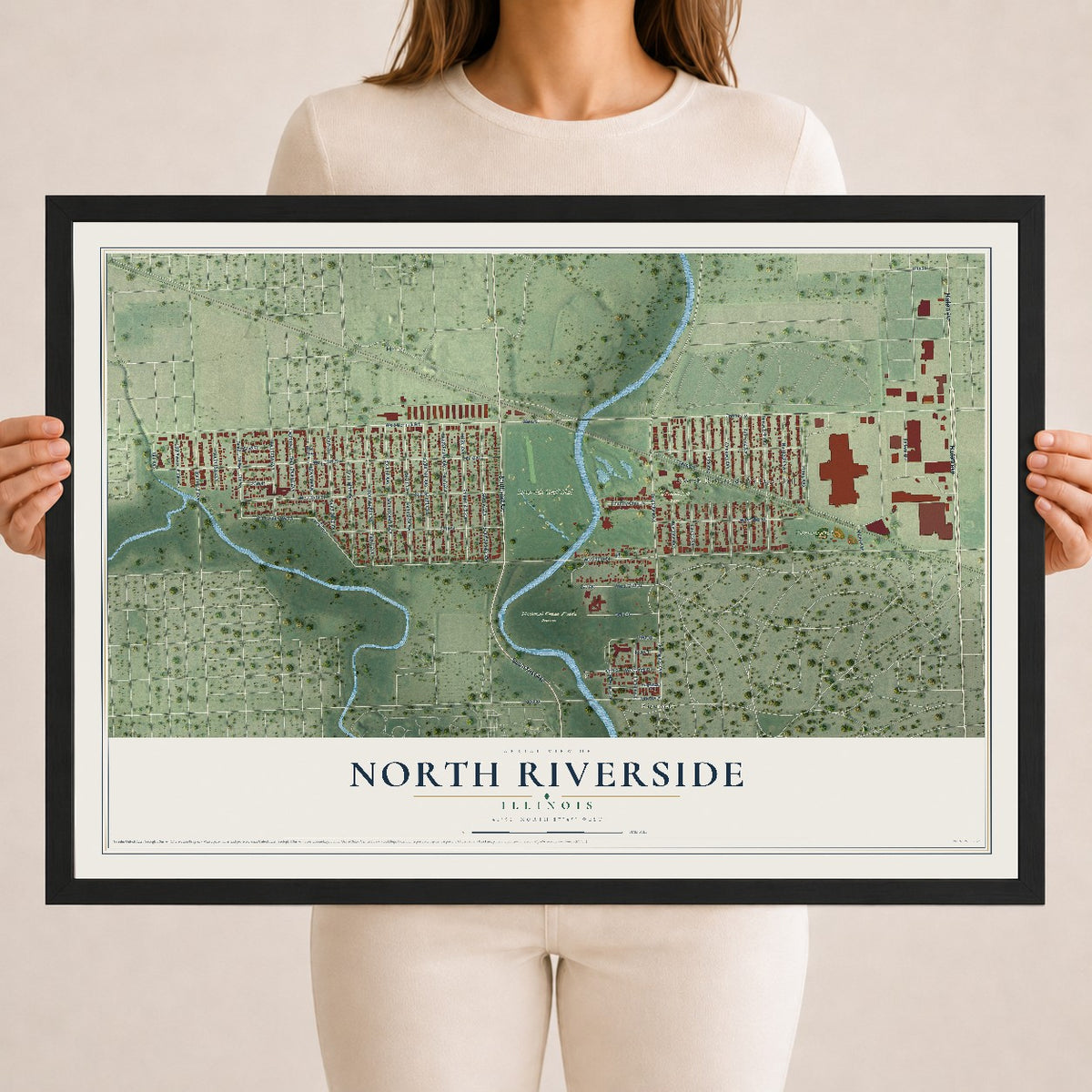 Map of North Riverside, Illinois, 18 x 24 inch print in a black wood frame