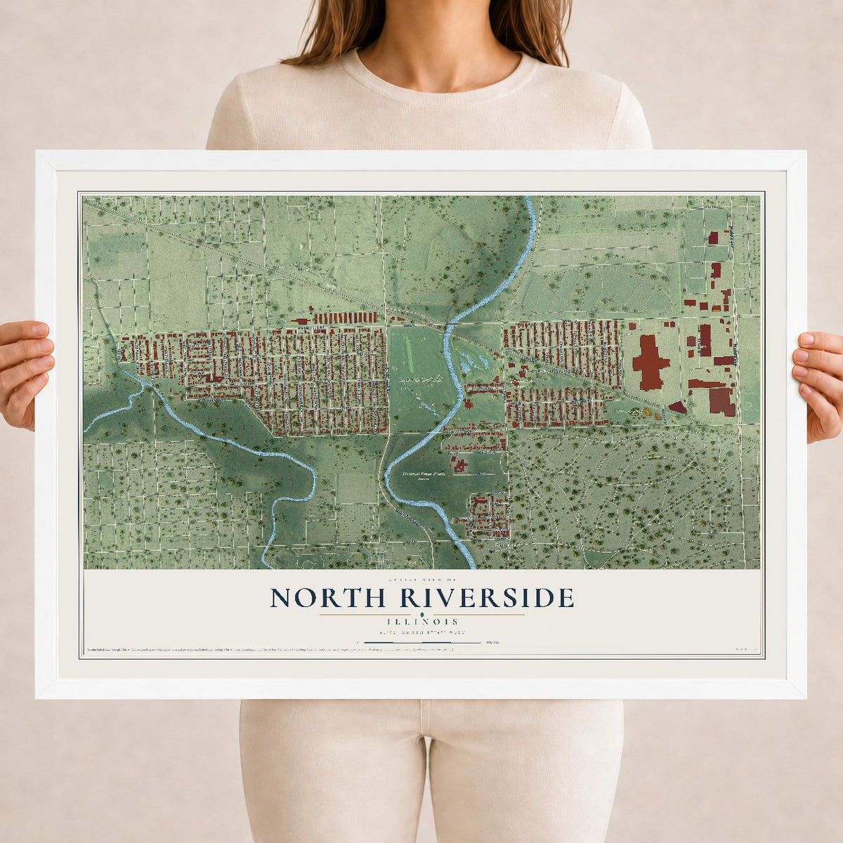 Map of North Riverside, Illinois, 18 x 24 inch print in a white wood frame