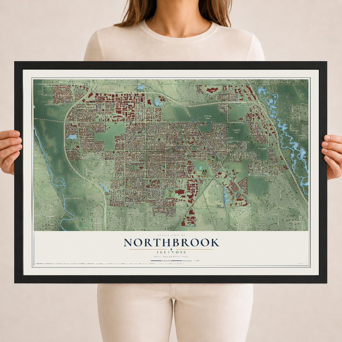Map of Northbrook, Illinois, 18 x 24 inch print in a black wood frame