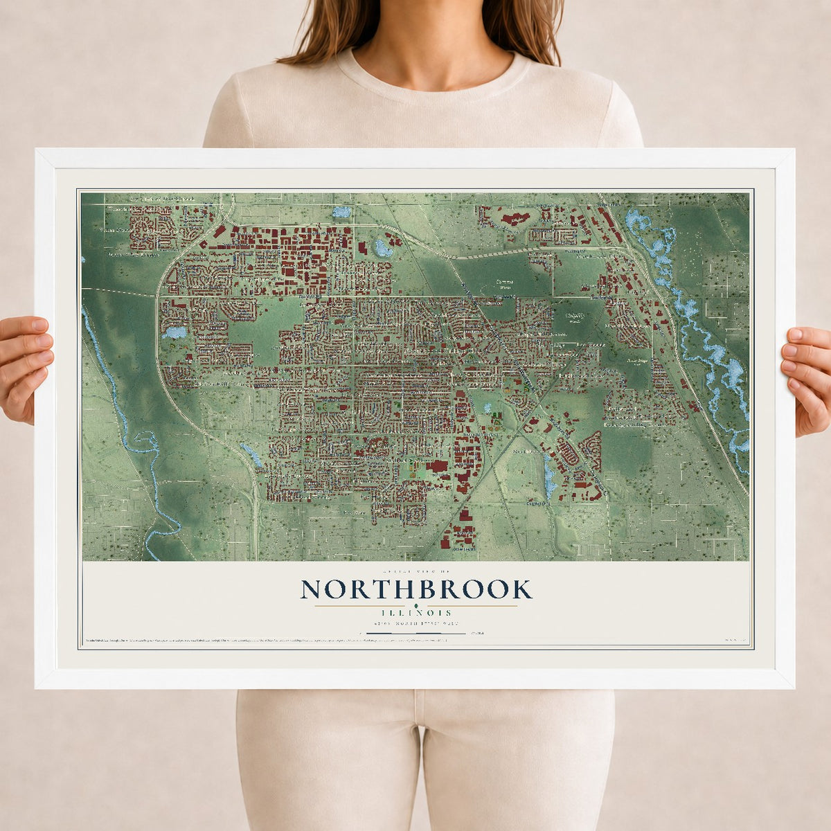 Map of Northbrook, Illinois, 18 x 24 inch print in a white wood frame
