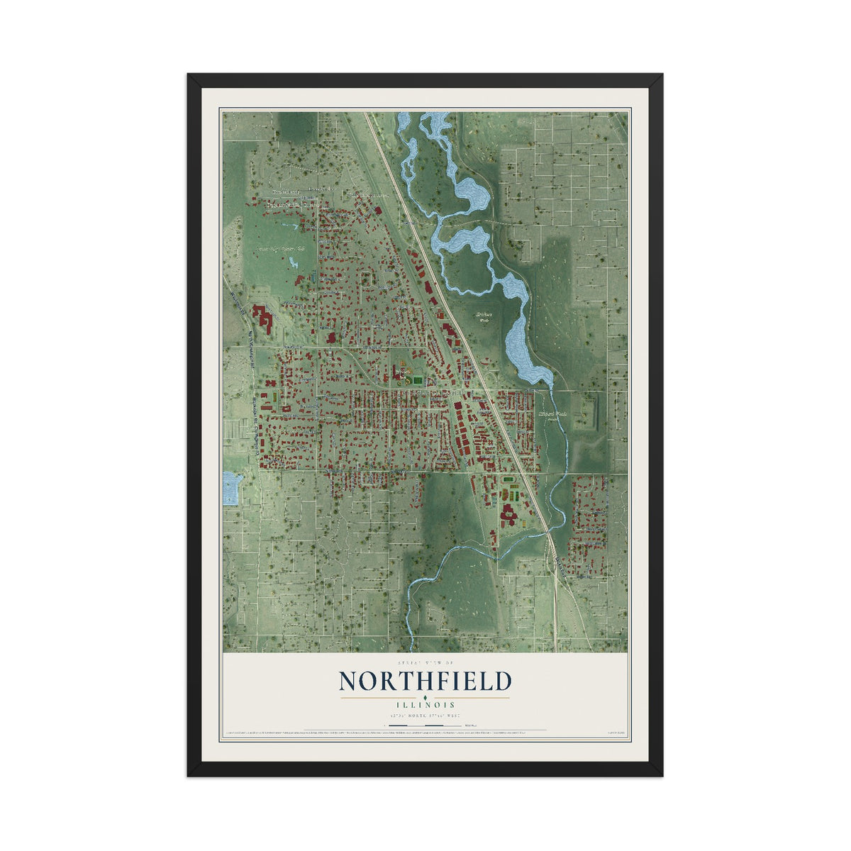 Map of Northfield, Illinois, 12 x 18 inch print in a black wood frame