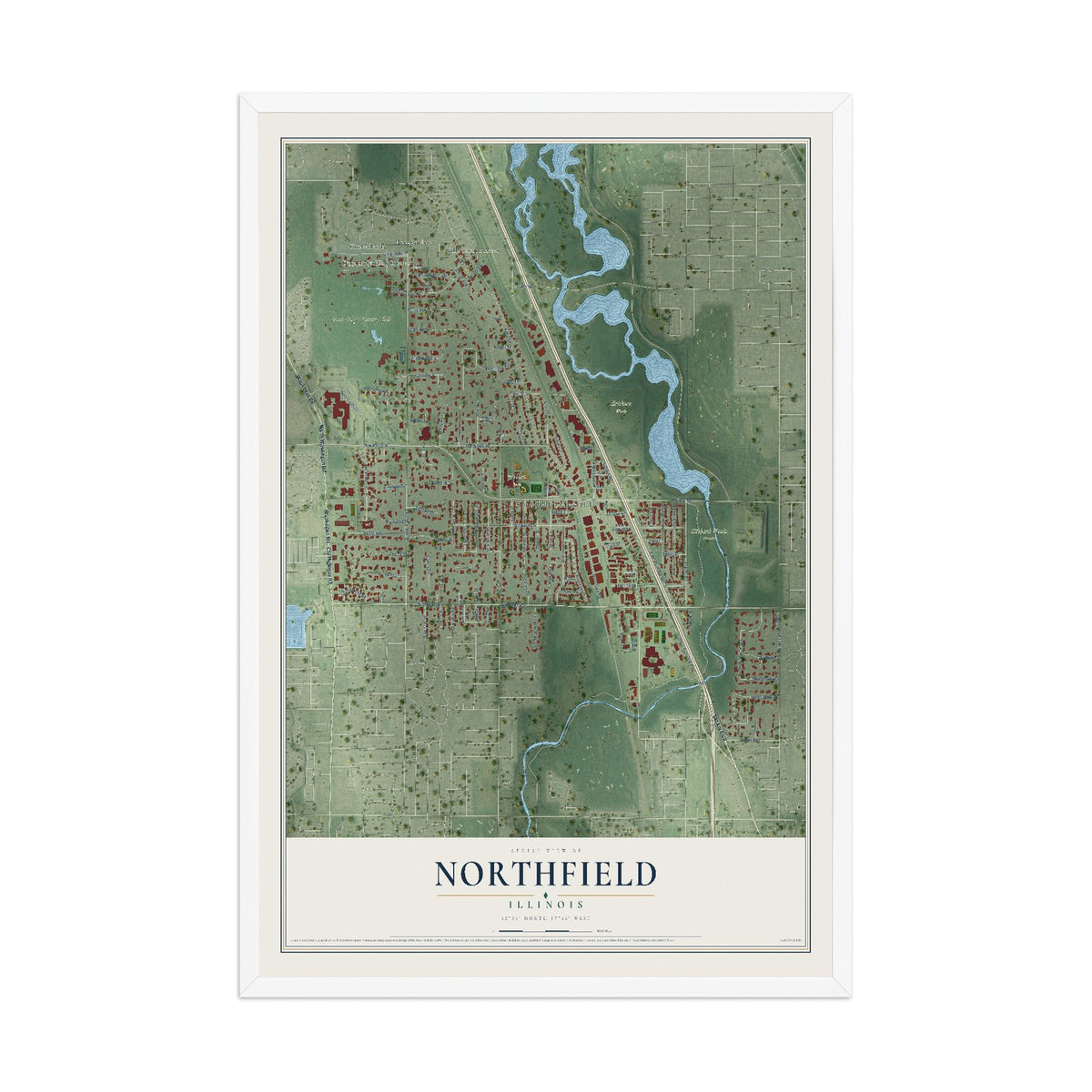 Map of Northfield, Illinois, 12 x 18 inch print in a white wood frame