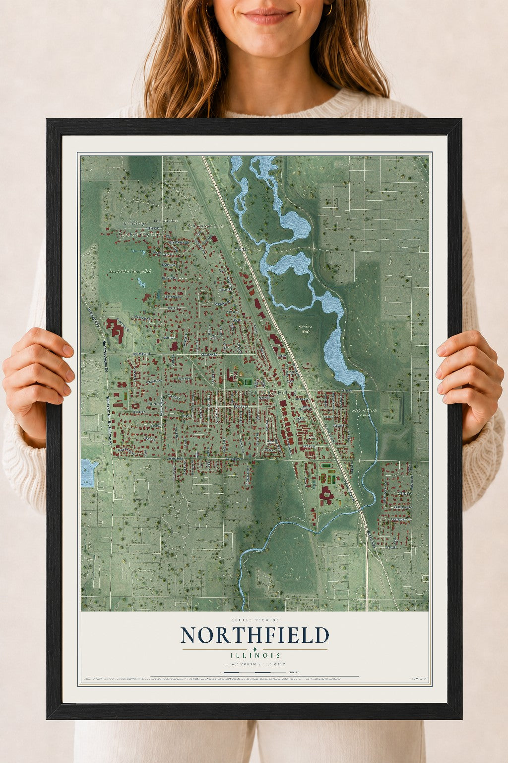 Map of Northfield, Illinois, 18 x 24 inch print in a black wood frame