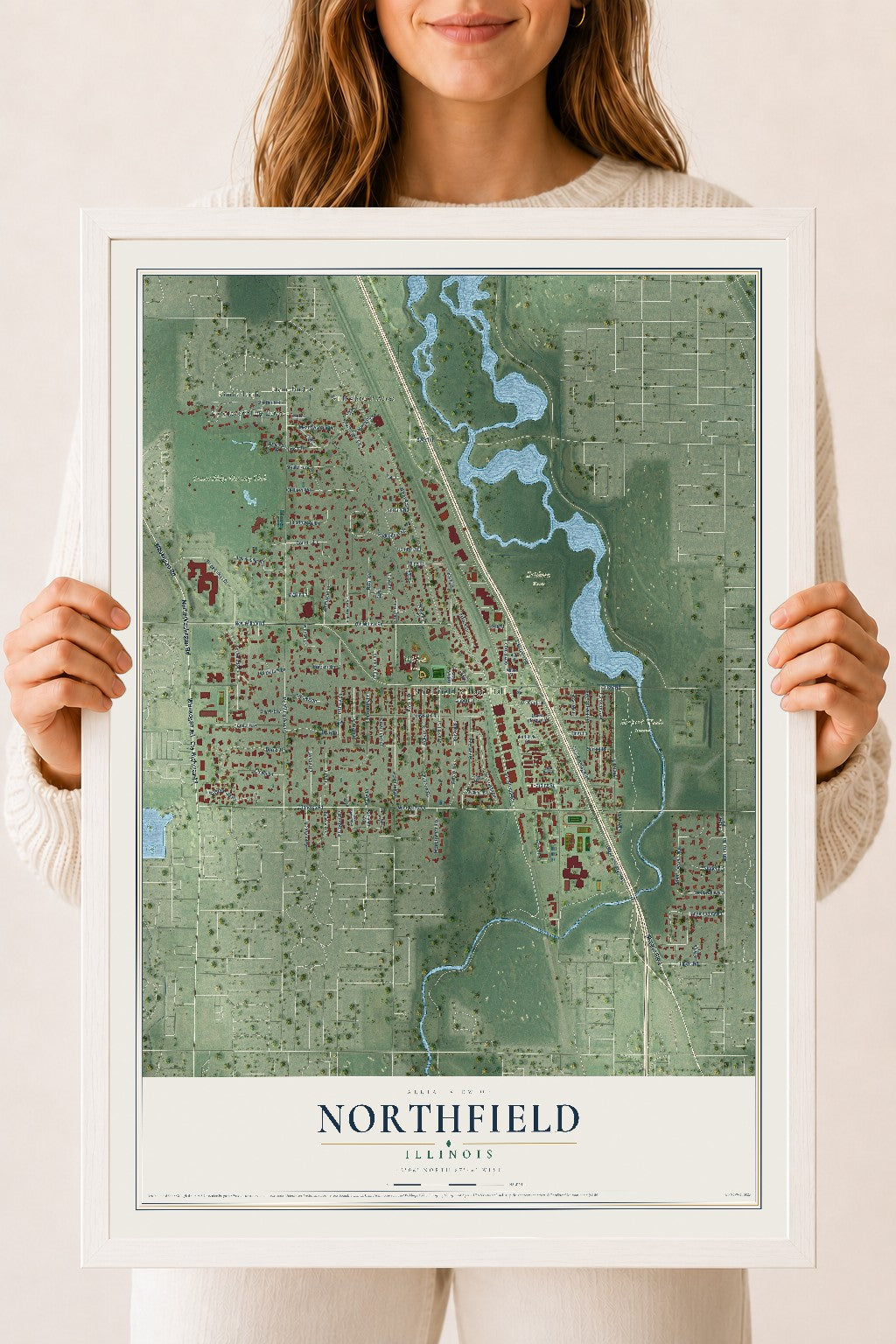 Map of Northfield, Illinois, 18 x 24 inch print in a white wood frame
