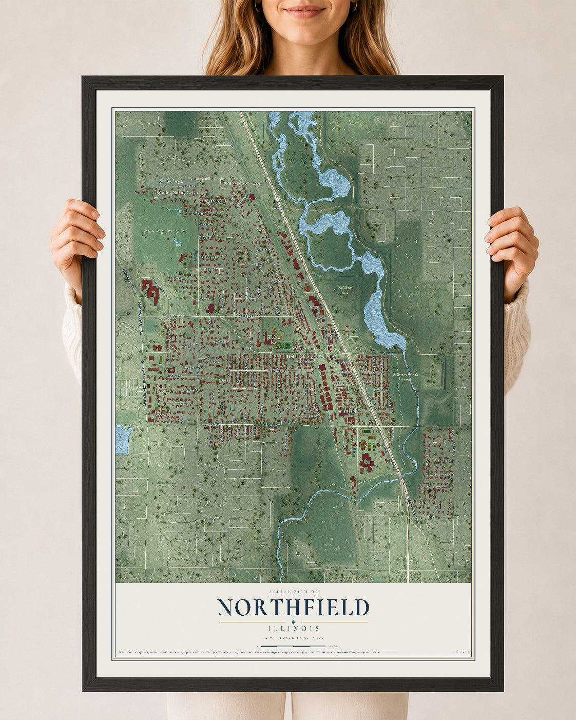 Map of Northfield, Illinois, 24 x 36 inch print in a black wood frame