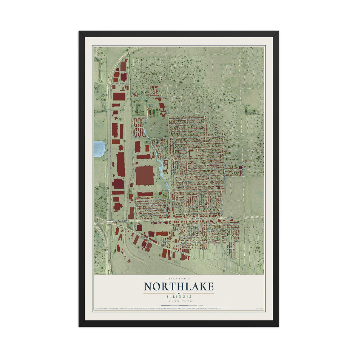 Map of Northlake, Illinois, 12 x 18 inch print in a black wood frame