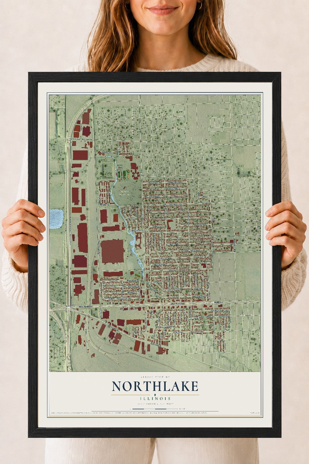 Map of Northlake, Illinois, 18 x 24 inch print in a black wood frame