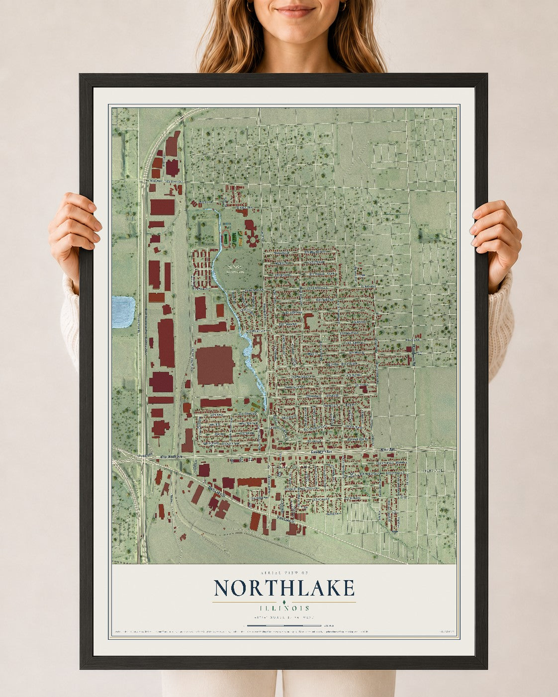 Map of Northlake, Illinois, 24 x 36 inch print in a black wood frame