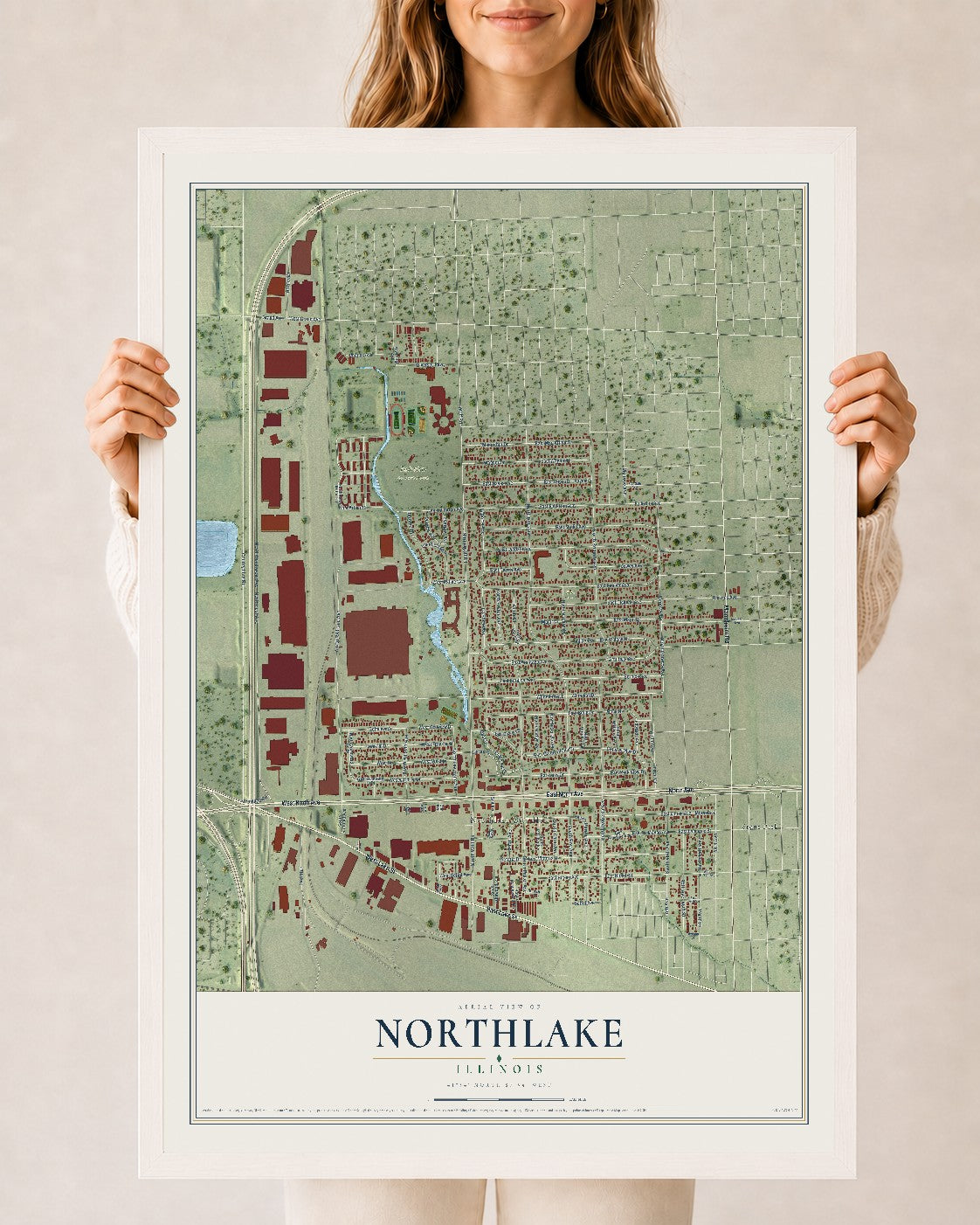 Map of Northlake, Illinois, 24 x 36 inch print in a white wood frame