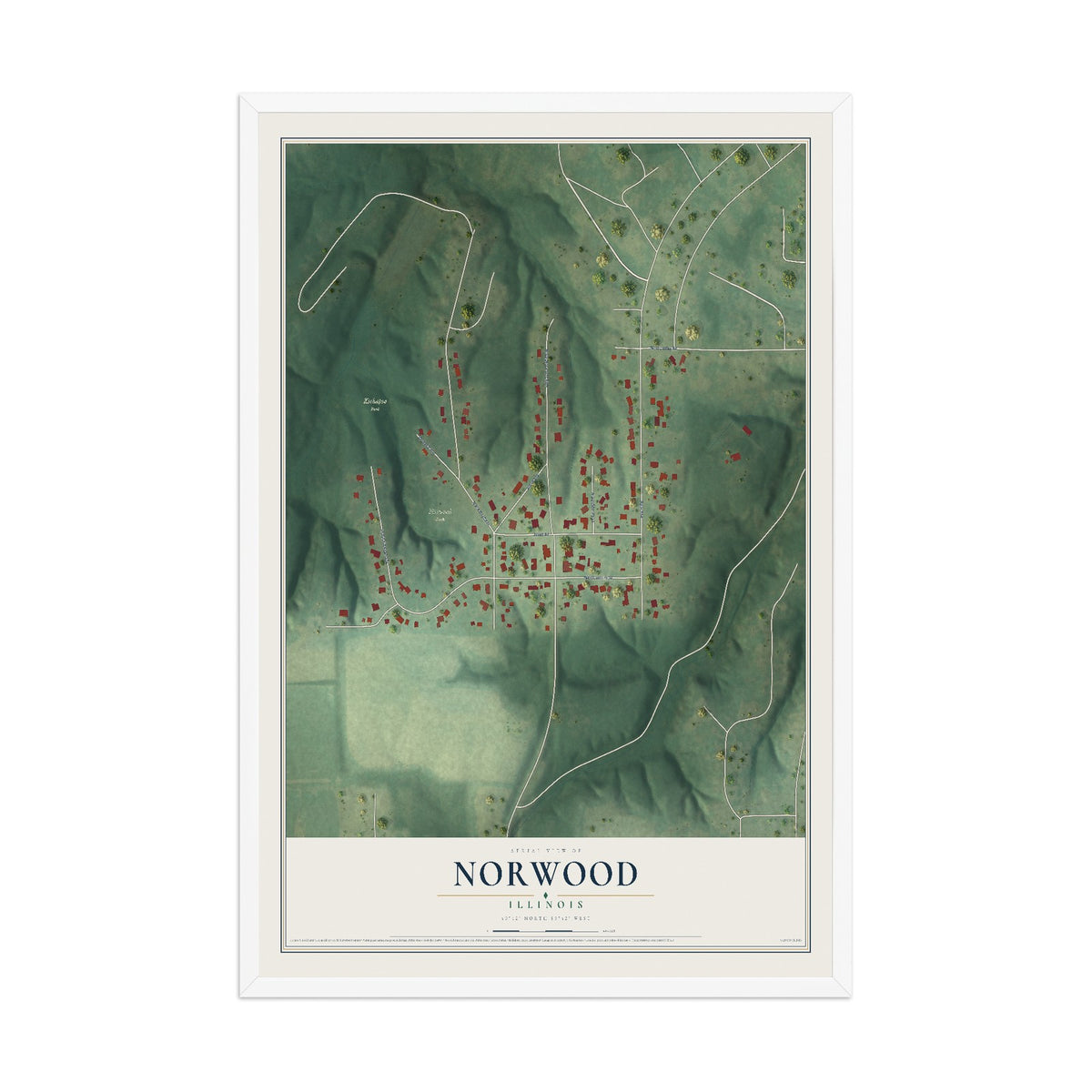 Map of Norwood, Illinois, 12 x 18 inch print in a white wood frame
