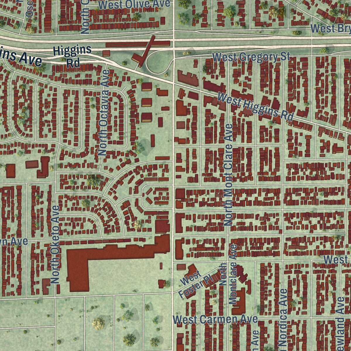 Close-up of the map of Norwood Park, Illinois print showing street and building detail