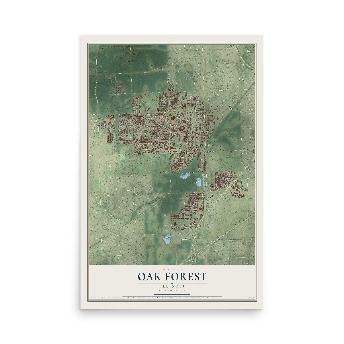 Map of Oak Forest, Illinois, 12 x 18 inch unframed archival matte print