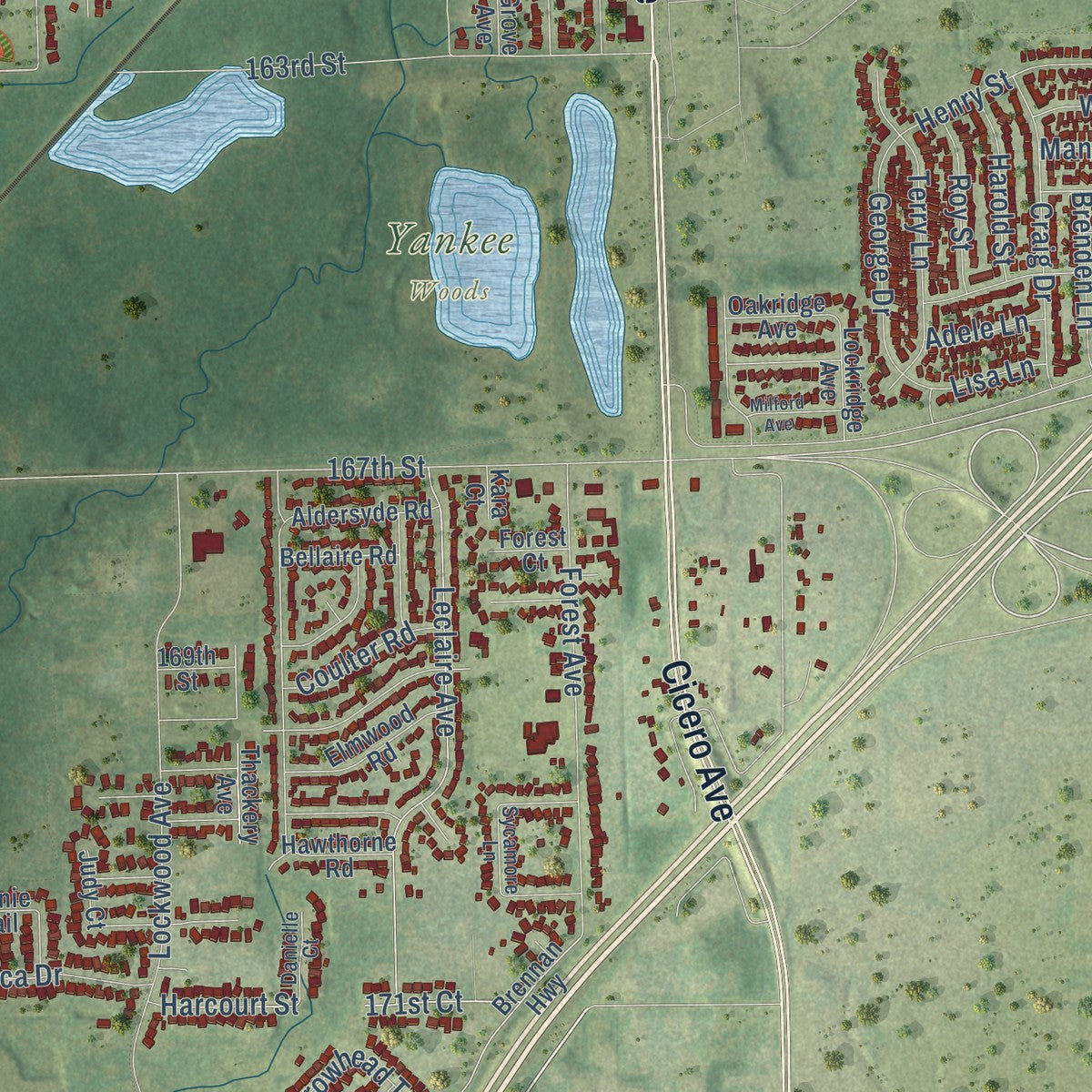 Second close-up of the map of Oak Forest, Illinois print showing more streets and buildings