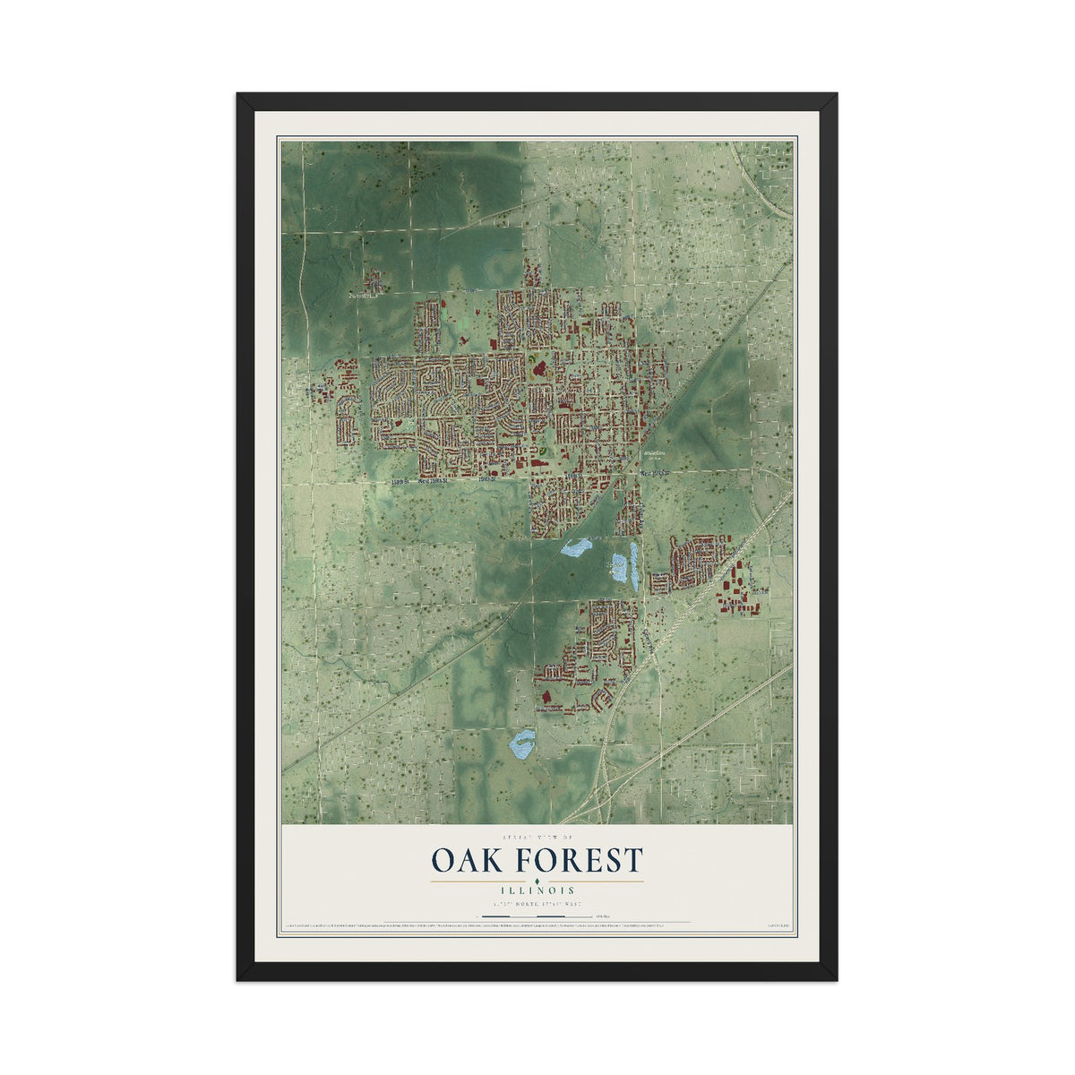 Map of Oak Forest, Illinois, 12 x 18 inch print in a black wood frame