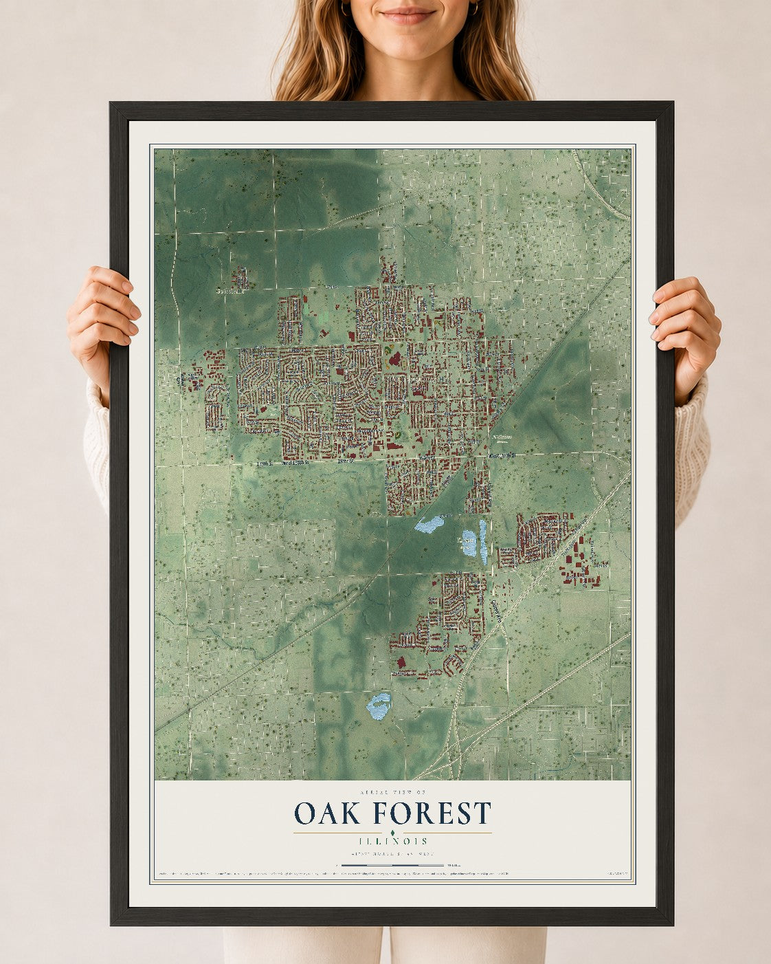 Map of Oak Forest, Illinois, 24 x 36 inch print in a black wood frame