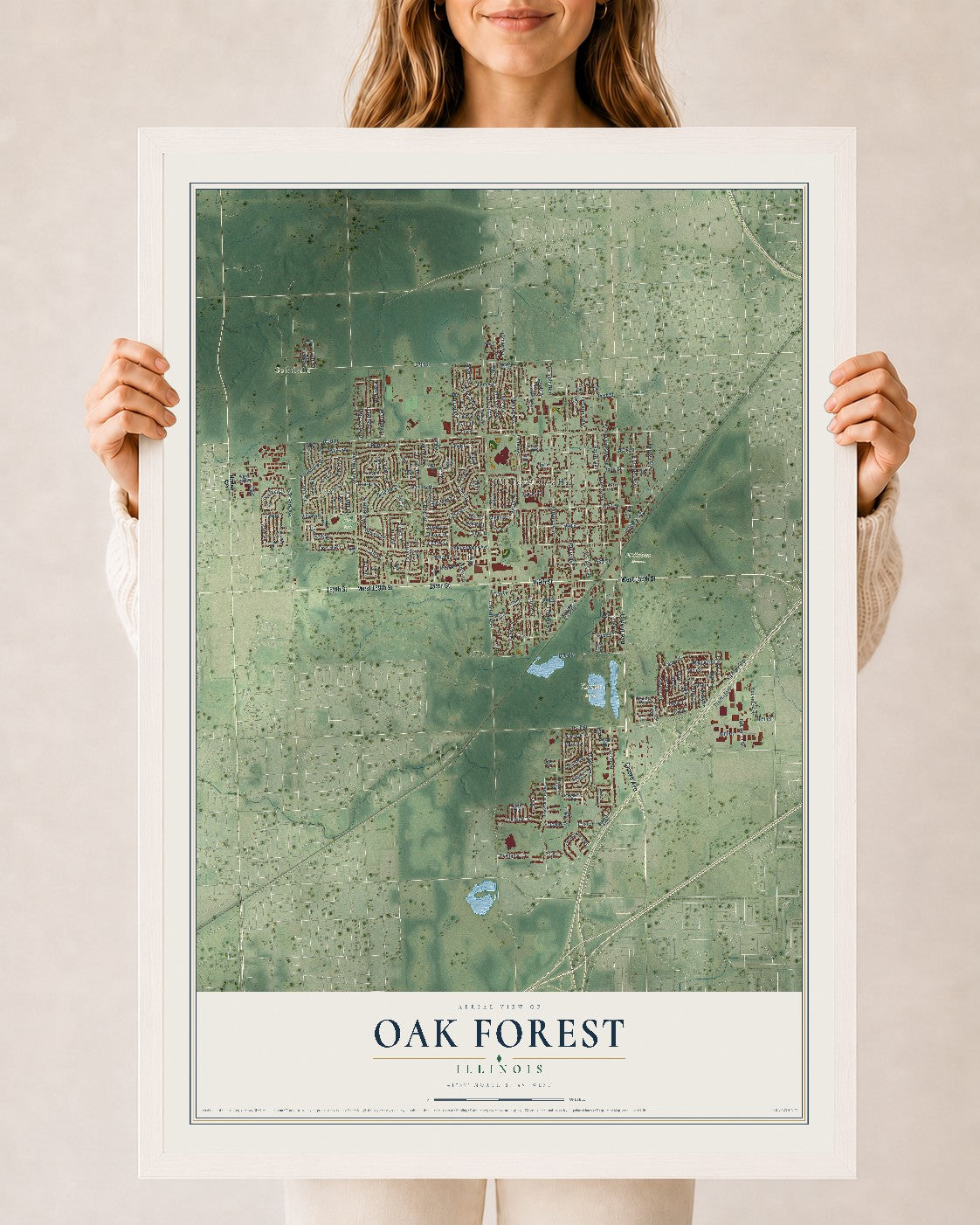 Map of Oak Forest, Illinois, 24 x 36 inch print in a white wood frame