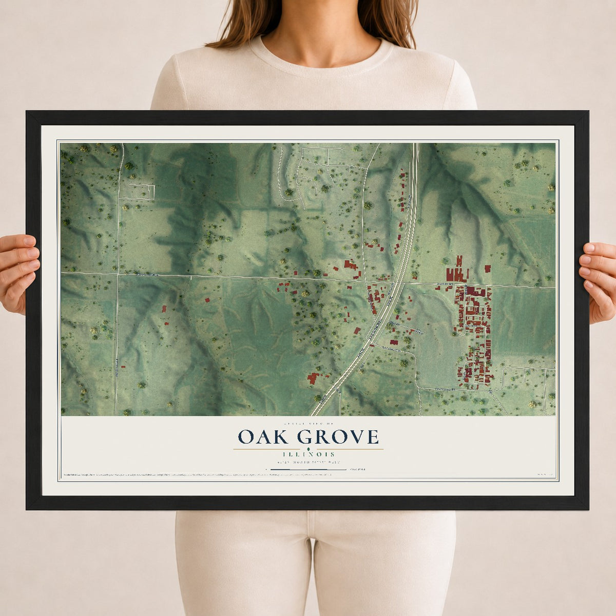 Map of Oak Grove, Illinois, 18 x 24 inch print in a black wood frame