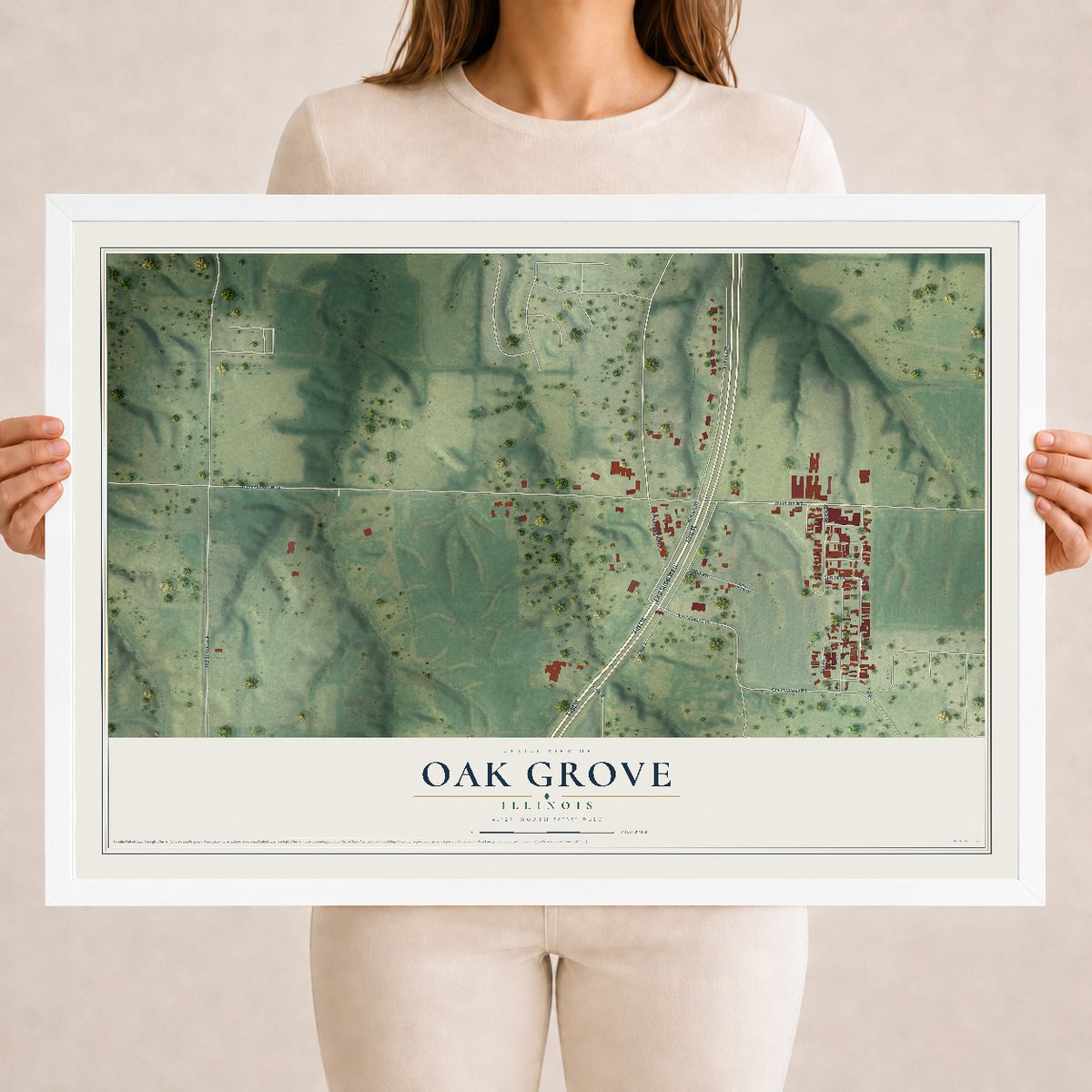 Map of Oak Grove, Illinois, 18 x 24 inch print in a white wood frame