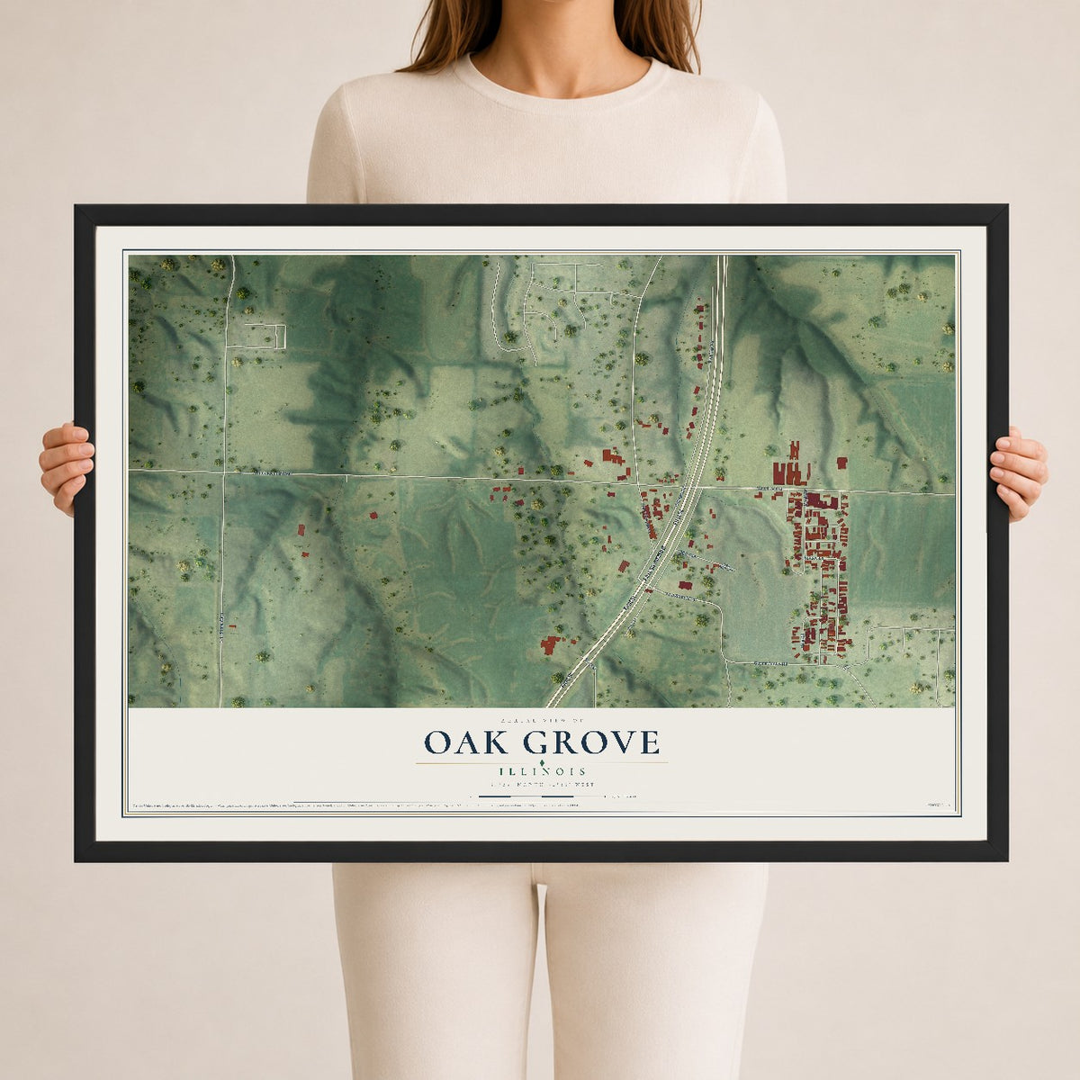 Map of Oak Grove, Illinois, 24 x 36 inch print in a black wood frame