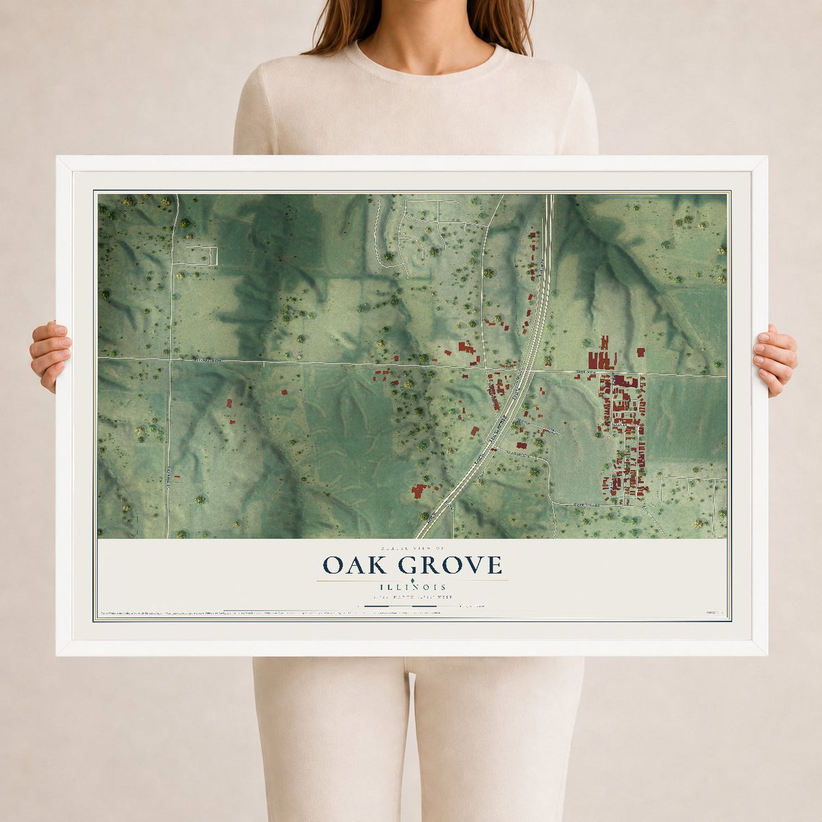 Map of Oak Grove, Illinois, 24 x 36 inch print in a white wood frame