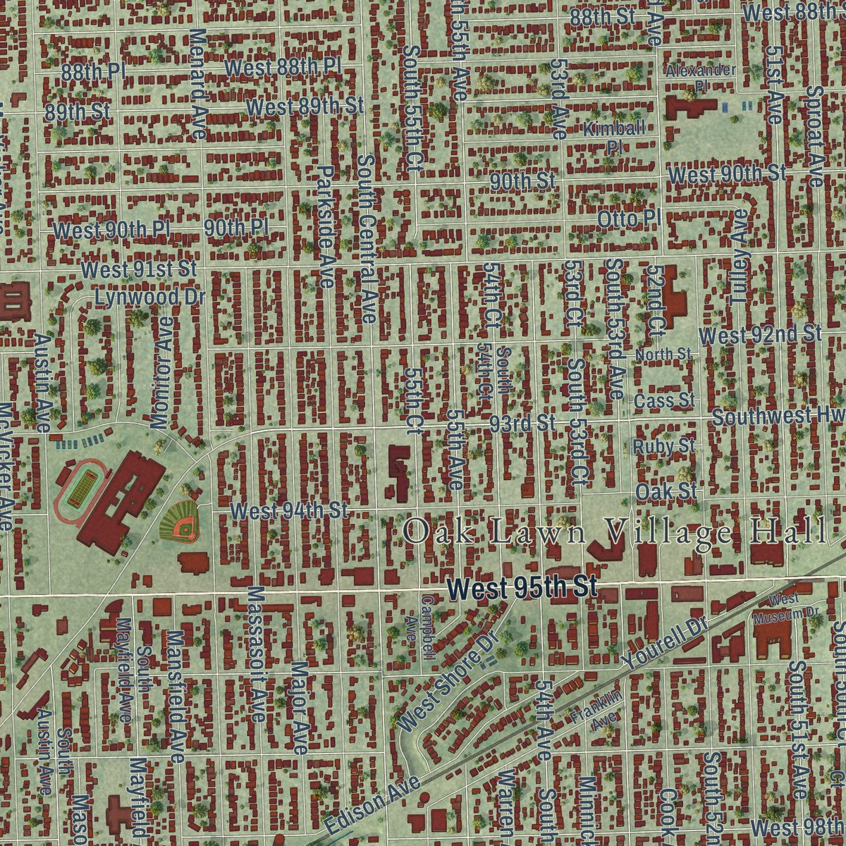 Close-up of the map of Oak Lawn, Illinois print showing street and building detail