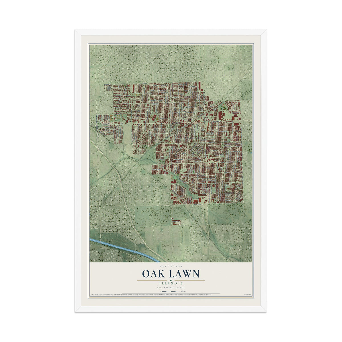 Map of Oak Lawn, Illinois, 12 x 18 inch print in a white wood frame