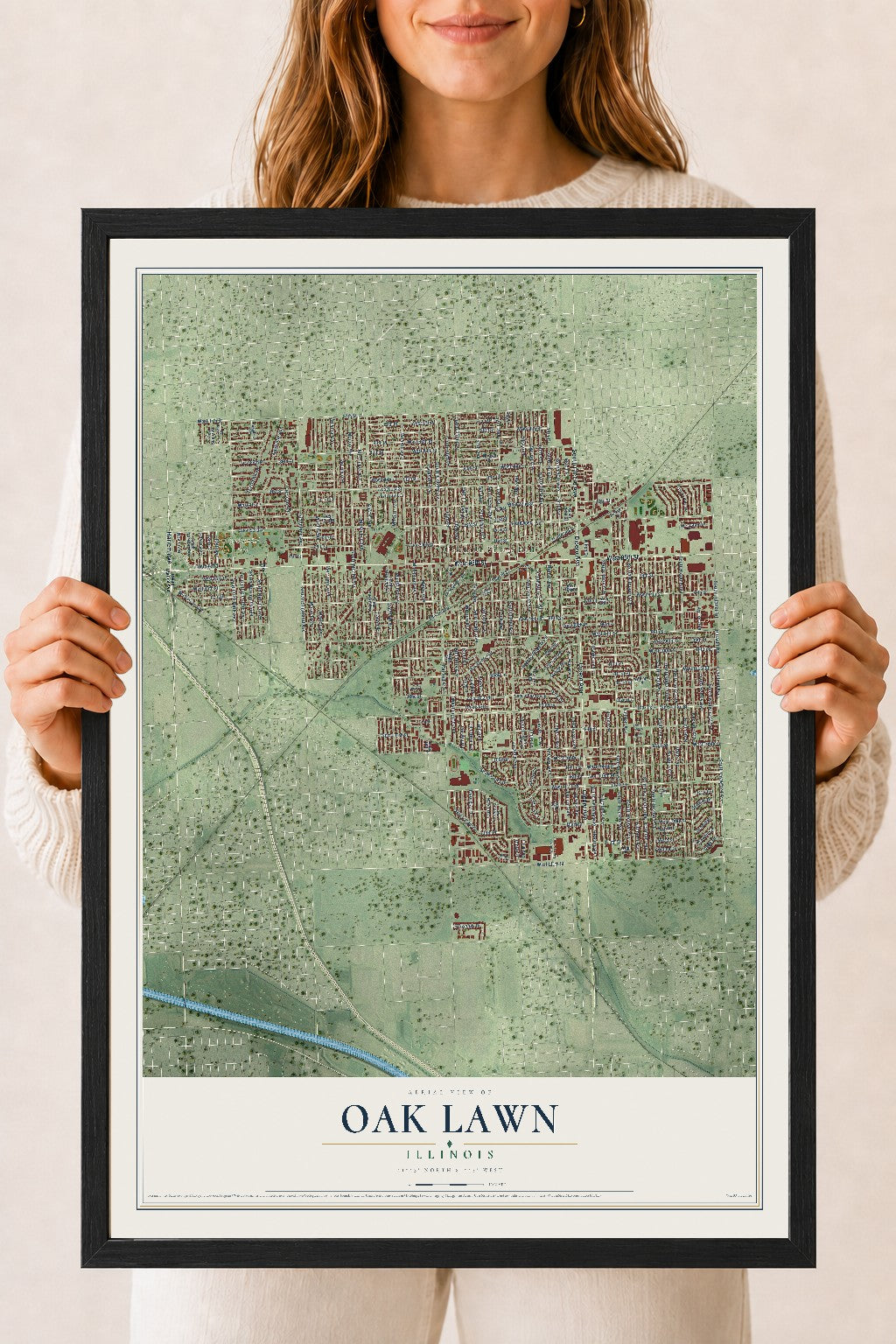Map of Oak Lawn, Illinois, 18 x 24 inch print in a black wood frame