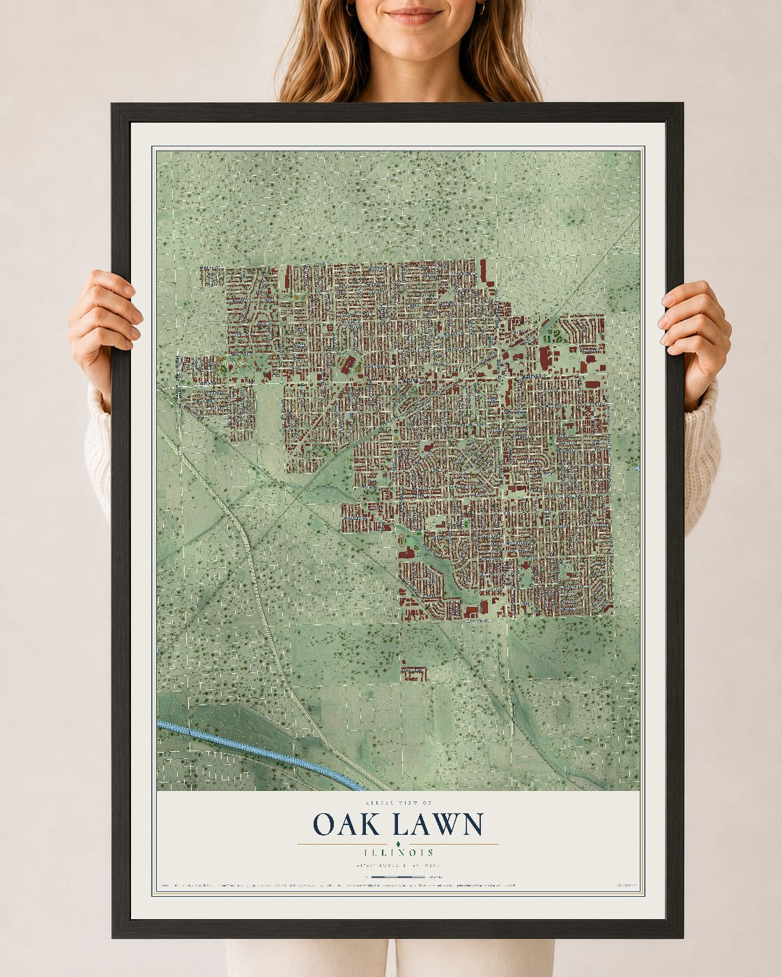 Map of Oak Lawn, Illinois, 24 x 36 inch print in a black wood frame