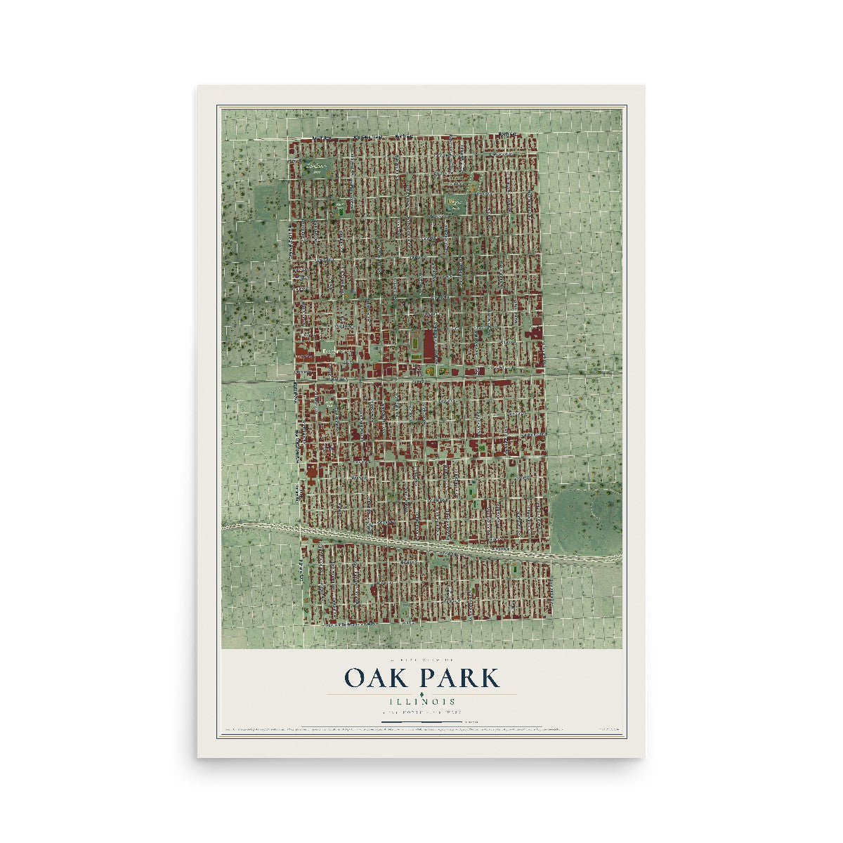 Map of Oak Park, Illinois, 12 x 18 inch unframed archival matte print