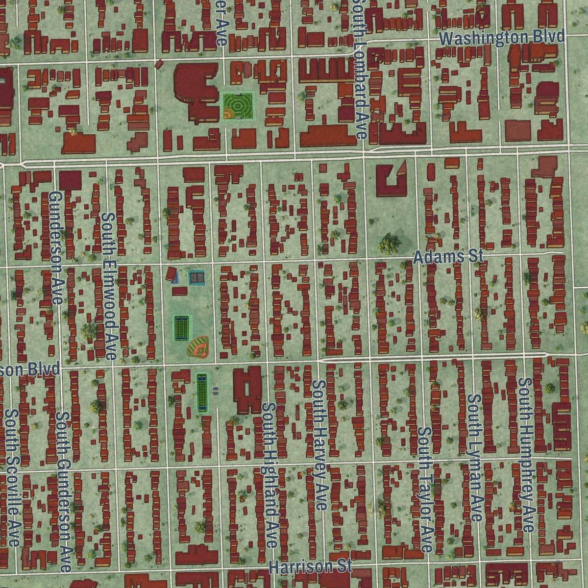 Close-up of the map of Oak Park, Illinois print showing street and building detail