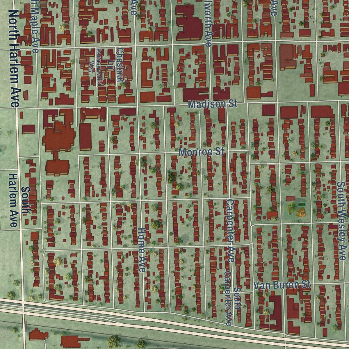 Second close-up of the map of Oak Park, Illinois print showing more streets and buildings