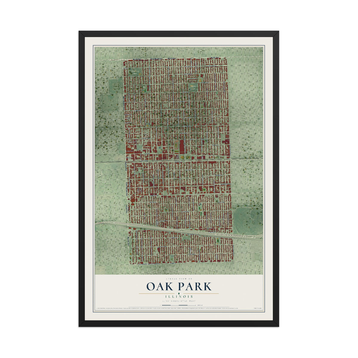 Map of Oak Park, Illinois, 12 x 18 inch print in a black wood frame