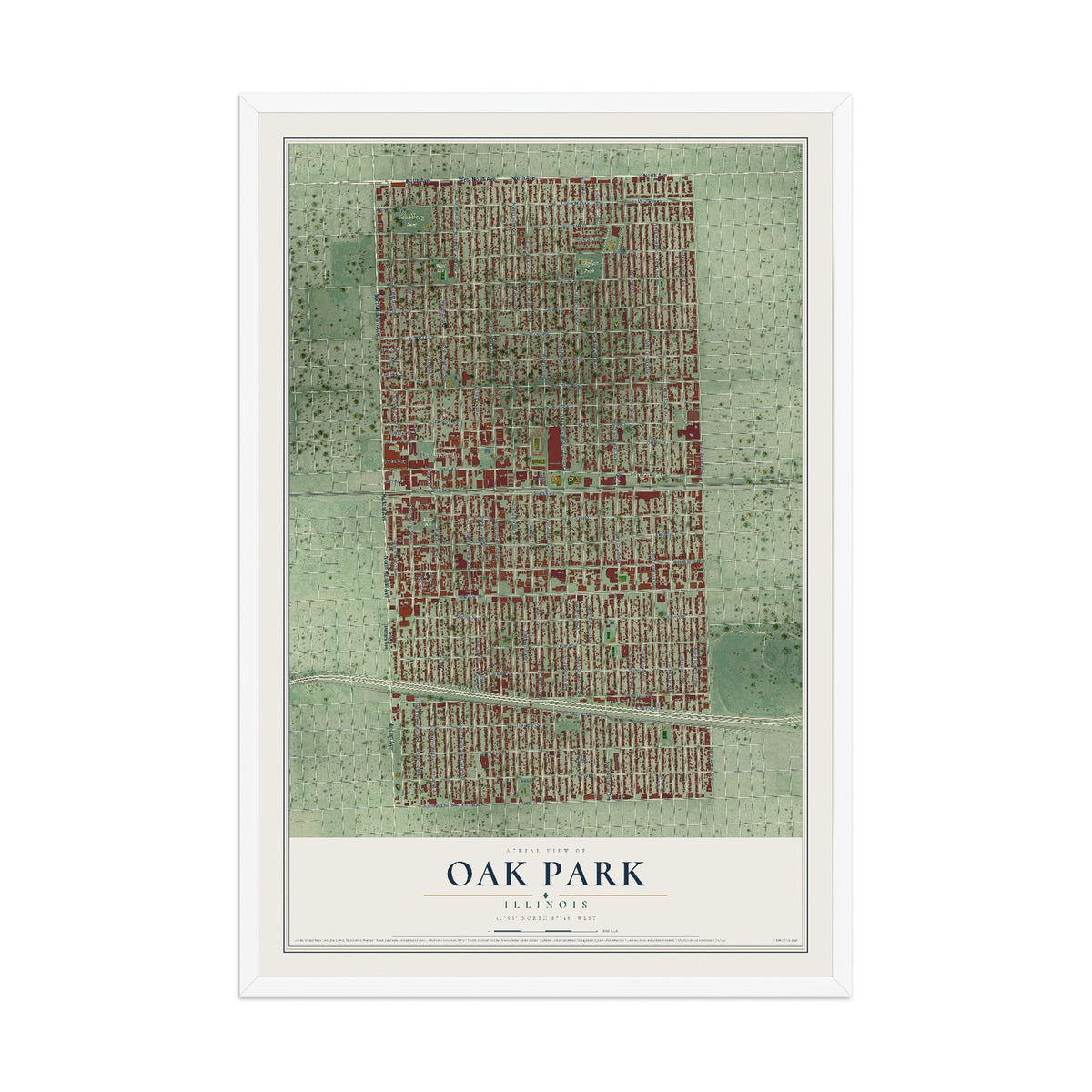 Map of Oak Park, Illinois, 12 x 18 inch print in a white wood frame