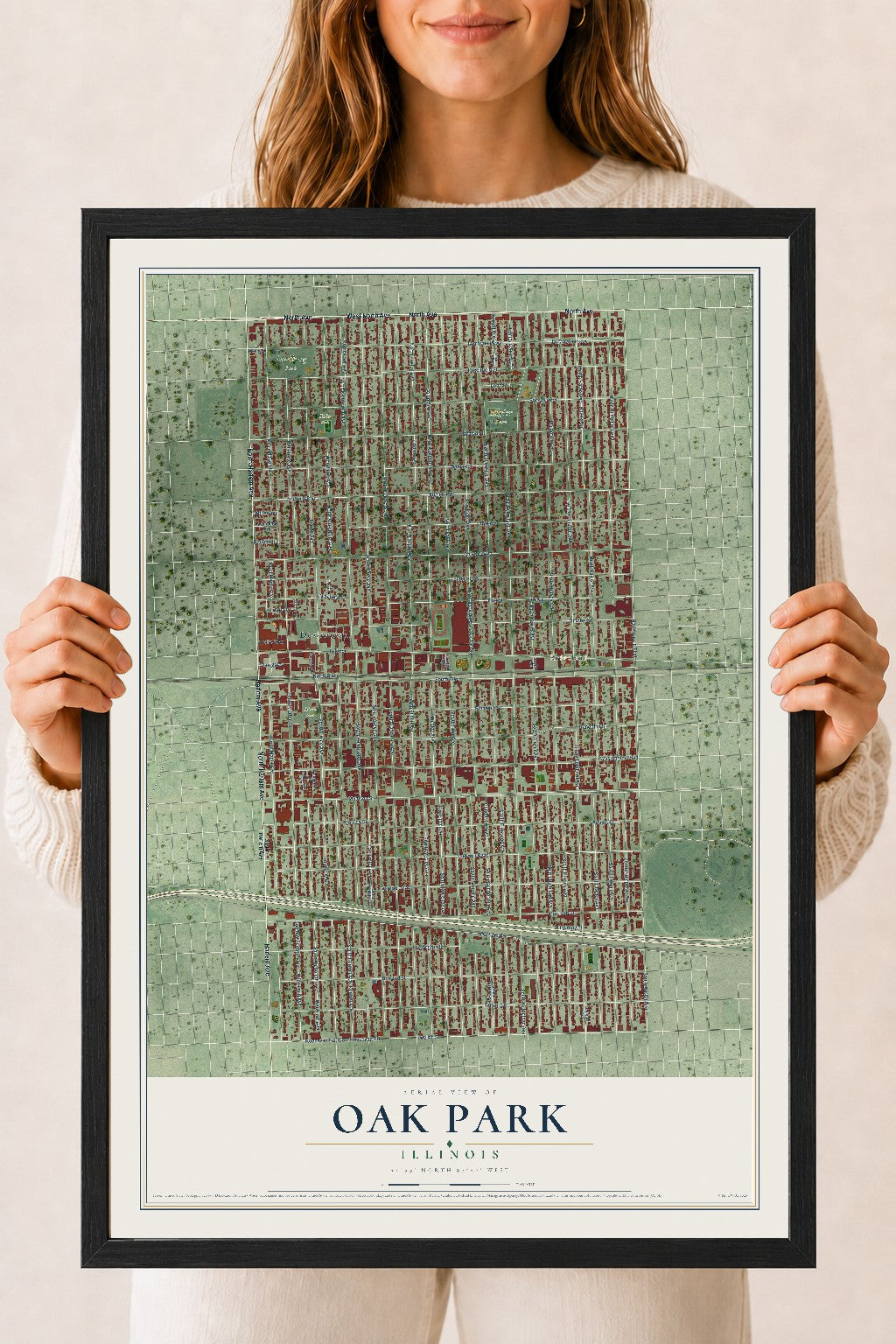 Map of Oak Park, Illinois, 18 x 24 inch print in a black wood frame