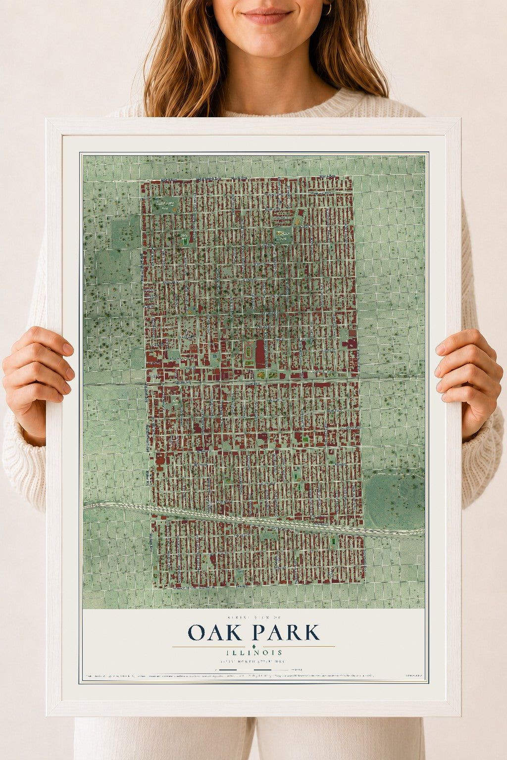 Map of Oak Park, Illinois, 18 x 24 inch print in a white wood frame