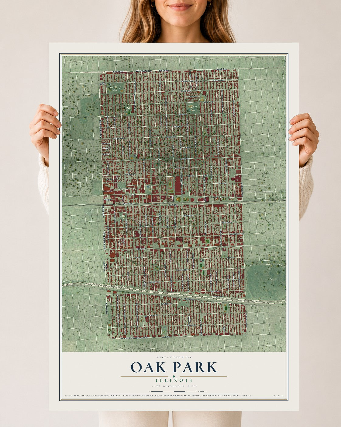 Map of Oak Park, Illinois, 24 x 36 inch unframed archival matte print