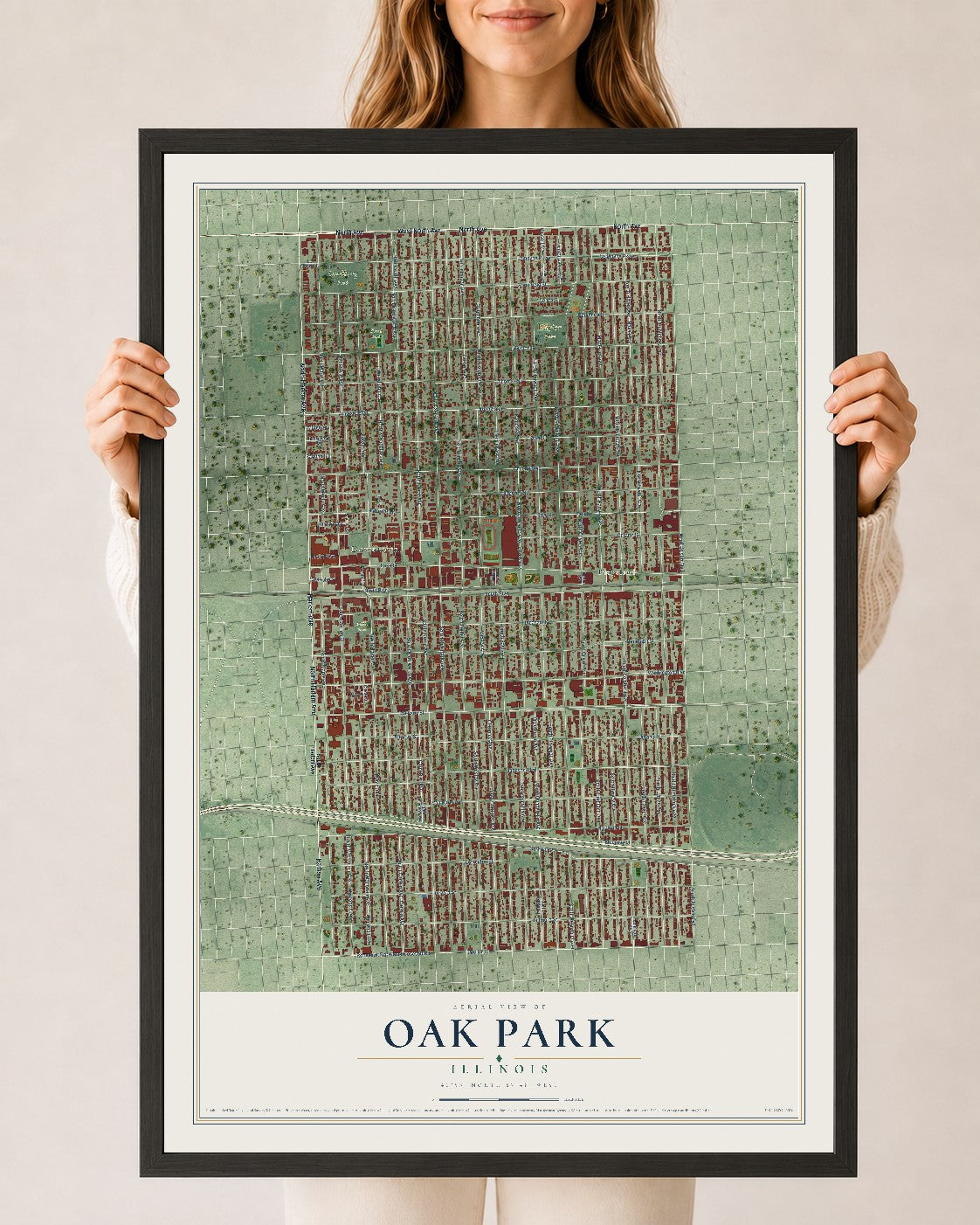 Map of Oak Park, Illinois, 24 x 36 inch print in a black wood frame
