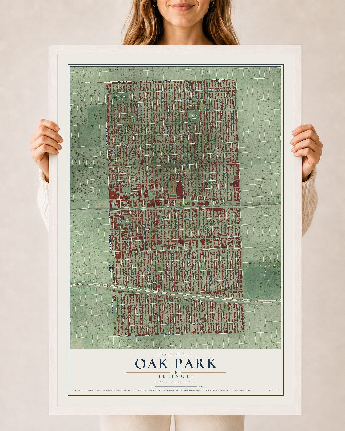Map of Oak Park, Illinois, 24 x 36 inch print in a white wood frame
