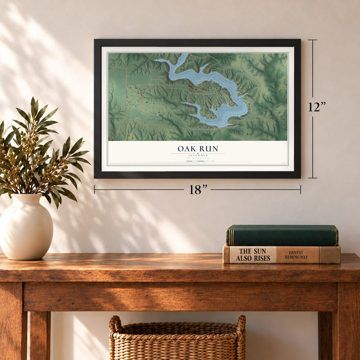 Oak Run, Illinois map, 12 x 18 inch print in a black frame in an entryway