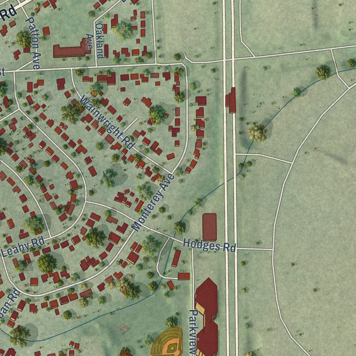 Second close-up of the map of Oakbrook Terrace, Illinois print showing more streets and buildings