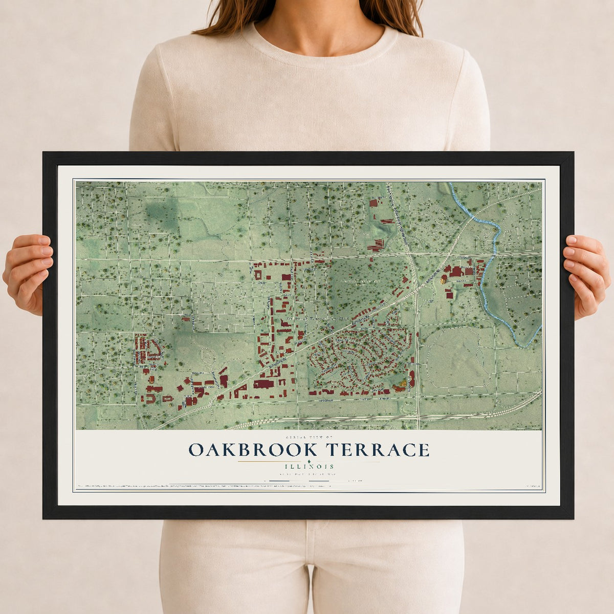 Map of Oakbrook Terrace, Illinois, 12 x 18 inch print in a black wood frame