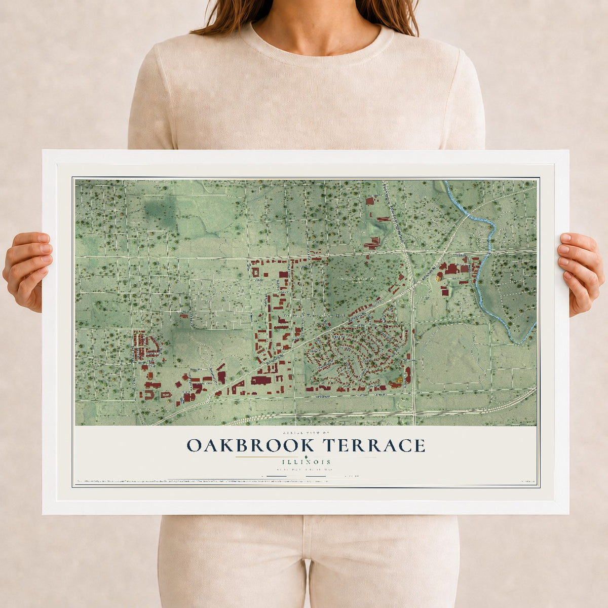 Map of Oakbrook Terrace, Illinois, 12 x 18 inch print in a white wood frame