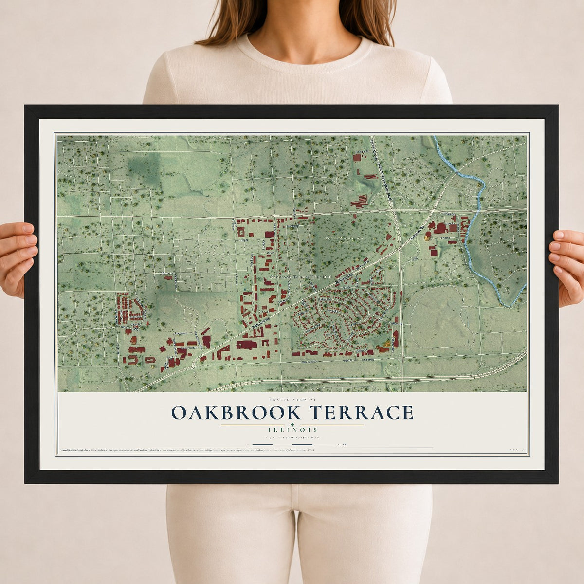 Map of Oakbrook Terrace, Illinois, 18 x 24 inch print in a black wood frame
