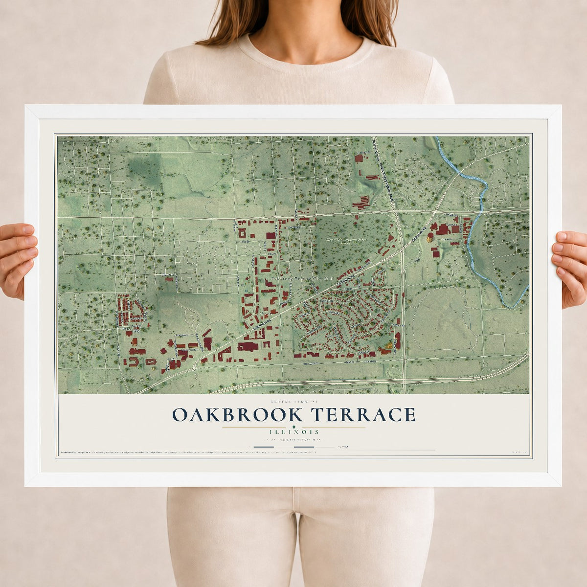 Map of Oakbrook Terrace, Illinois, 18 x 24 inch print in a white wood frame