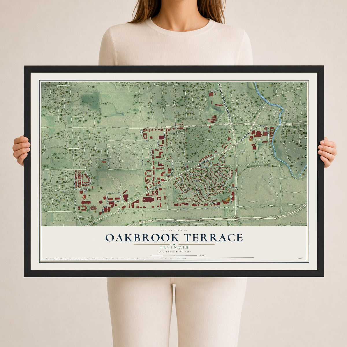 Map of Oakbrook Terrace, Illinois, 24 x 36 inch print in a black wood frame
