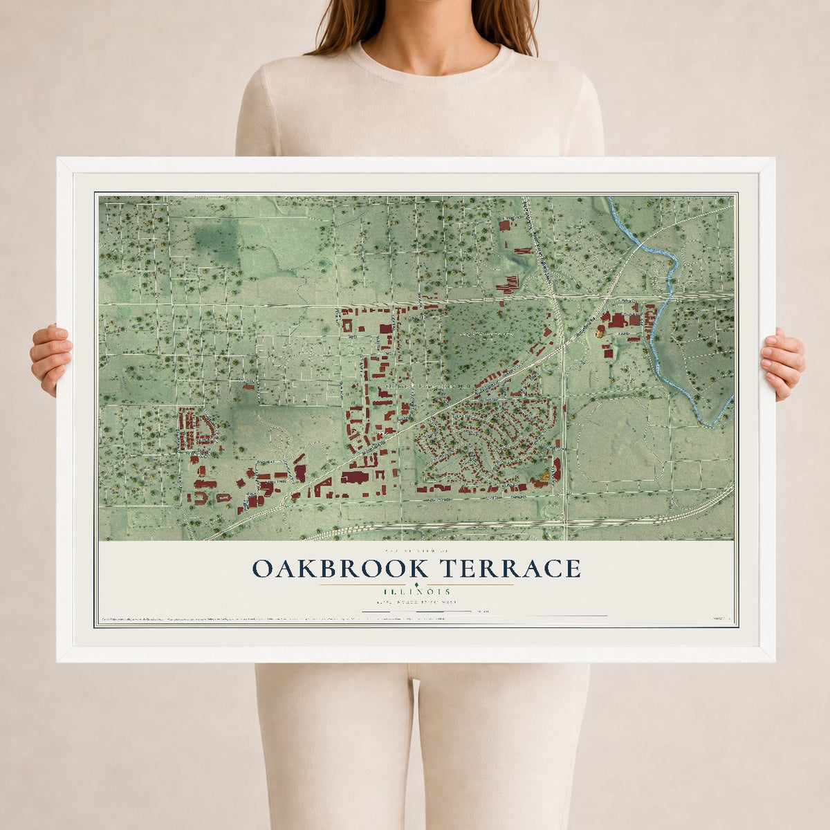 Map of Oakbrook Terrace, Illinois, 24 x 36 inch print in a white wood frame