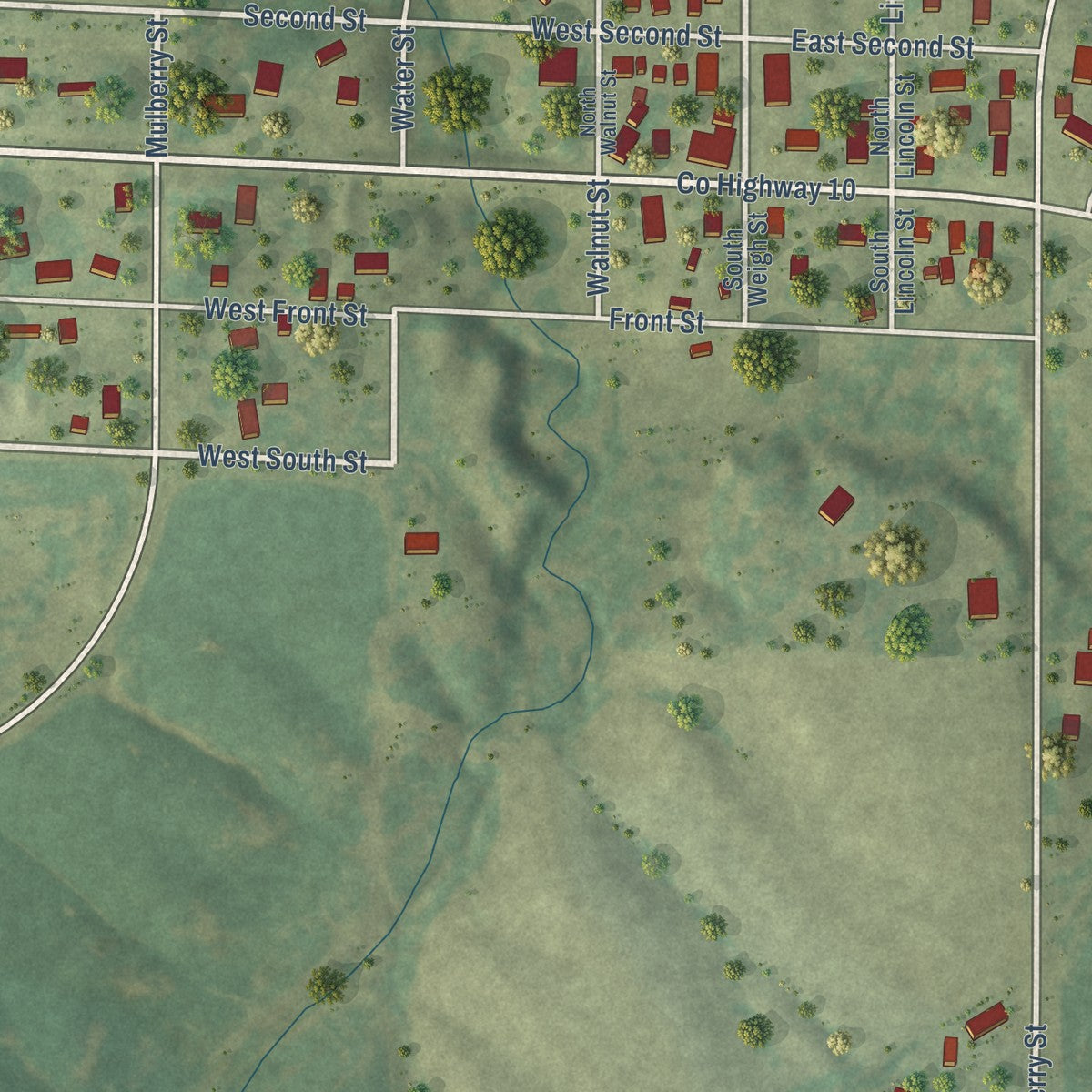 Close-up of the map of Oakdale, Illinois print showing street and building detail